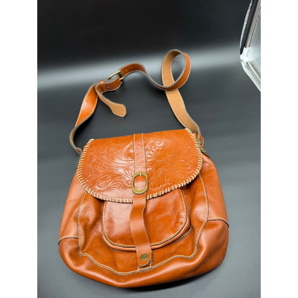 Patricia Nash Tan Leather Tooled Floral Crossbody Bag Whipstitch Messenger Boho - Picture 9 of 10